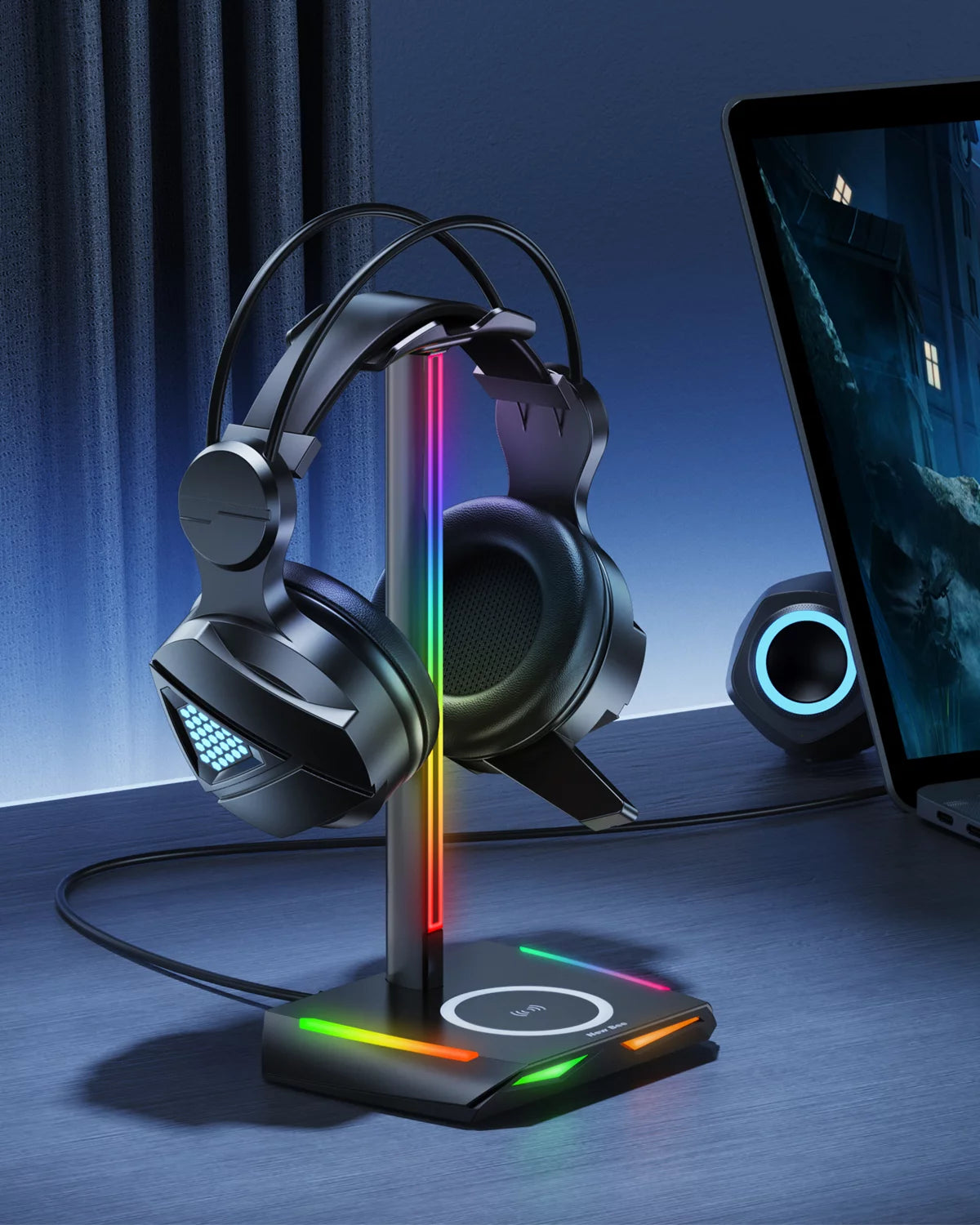 Headphone Stand with Wireless Charger Desk Headset Holder Hanger Rack for Earphones